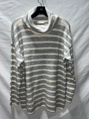 LOFT Gray & Cream Striped Turtleneck Sweater - Soft Knit